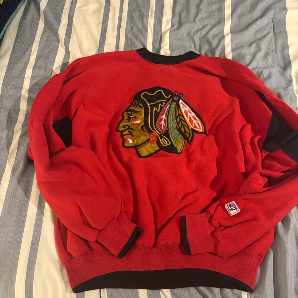 Red Vintage Black Hawks Sweater with Embroidered Design